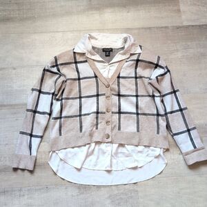 Rachel Zoe Plaid  Sweater Top Shirt Combo Long Sleeve Sz XL Beige